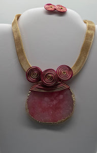 Pendant Pink Druzy Stone Wire Tribal Necklace Set