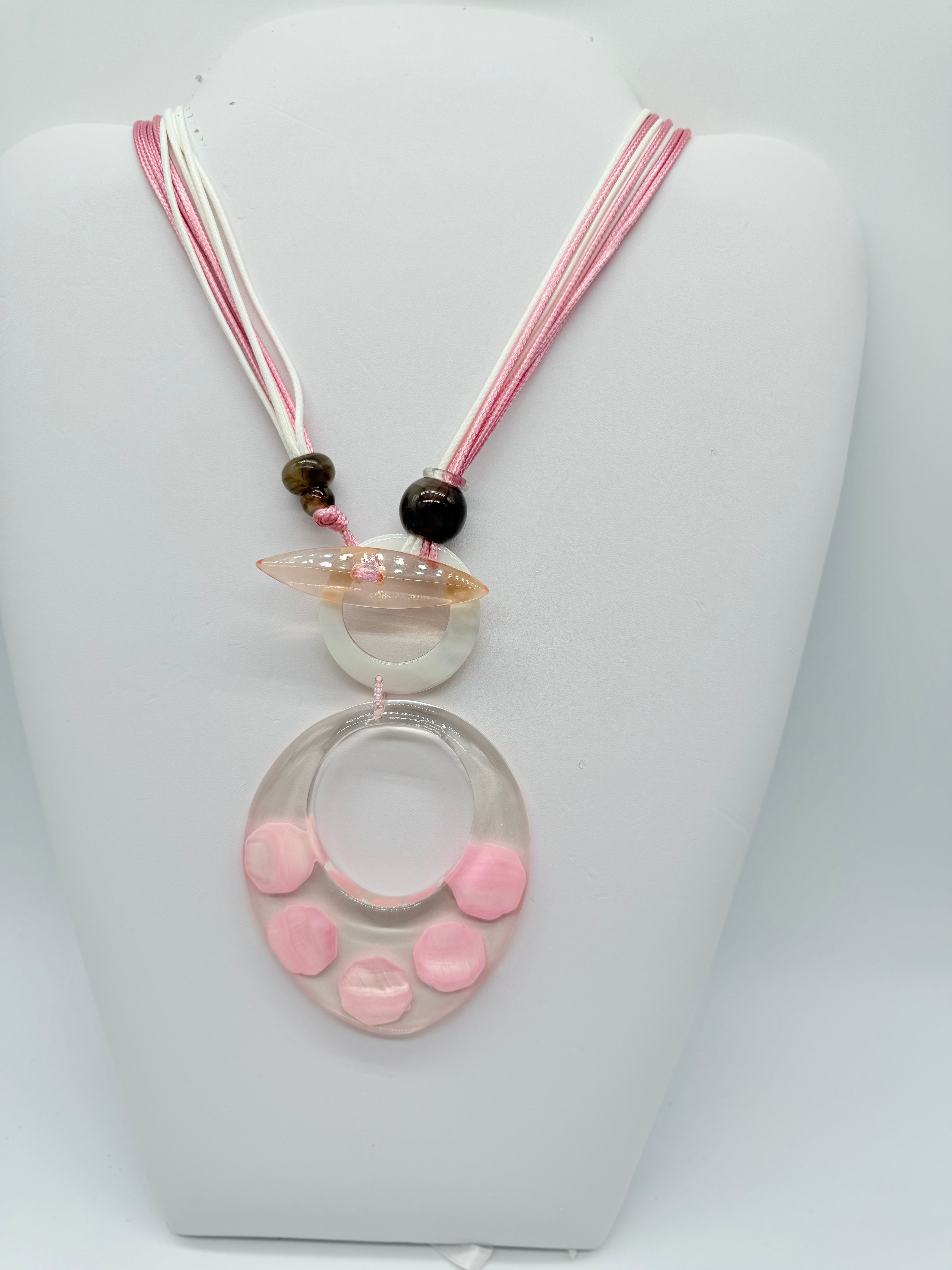Pink and White Cord Necklace with Clear and Pink Pendant