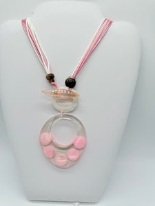 Pink and White Cord Necklace with Clear and Pink Pendant
