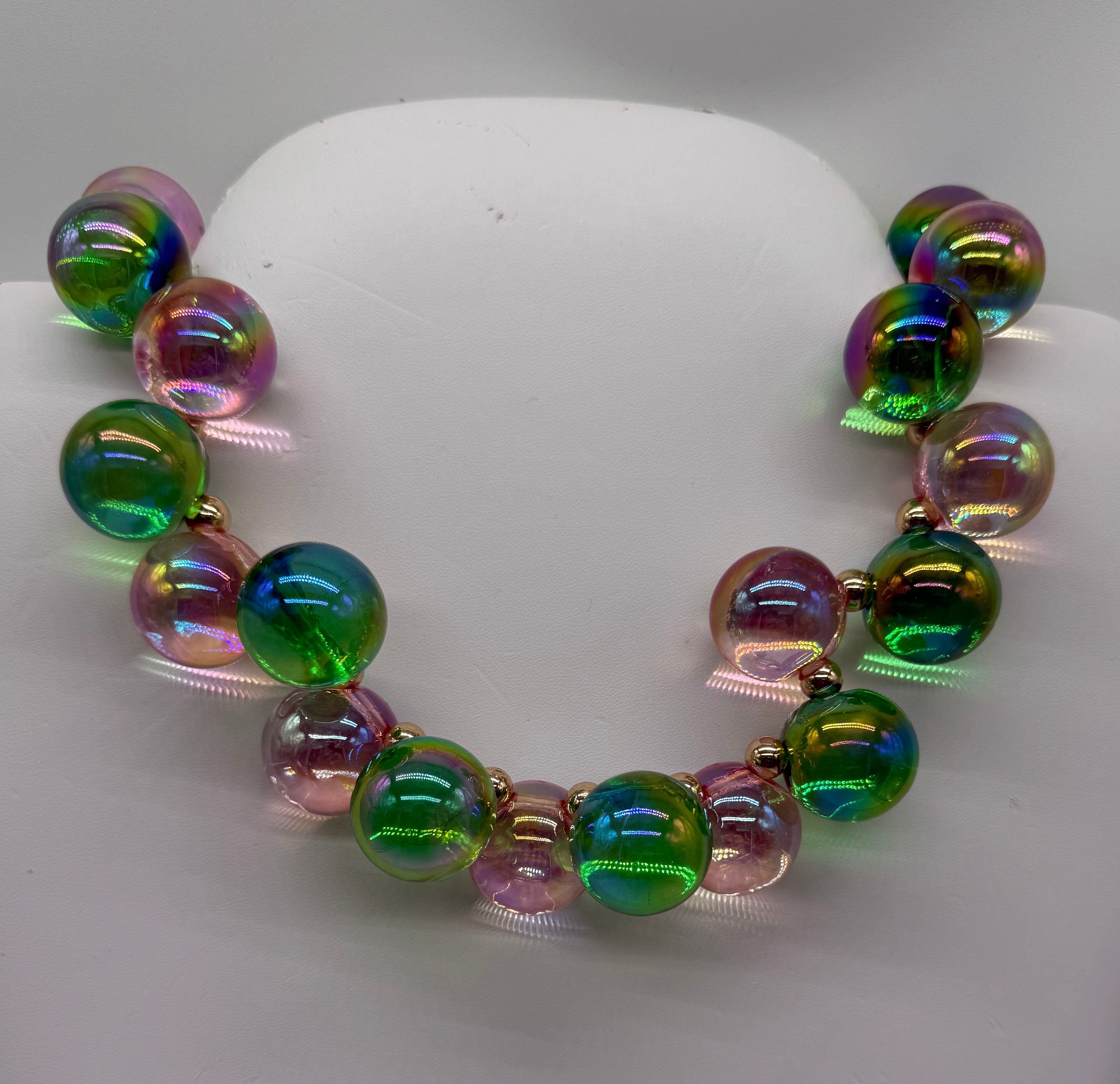 Royal Radiance - Pink & Green Iridescent Bubble Ball Necklace Set