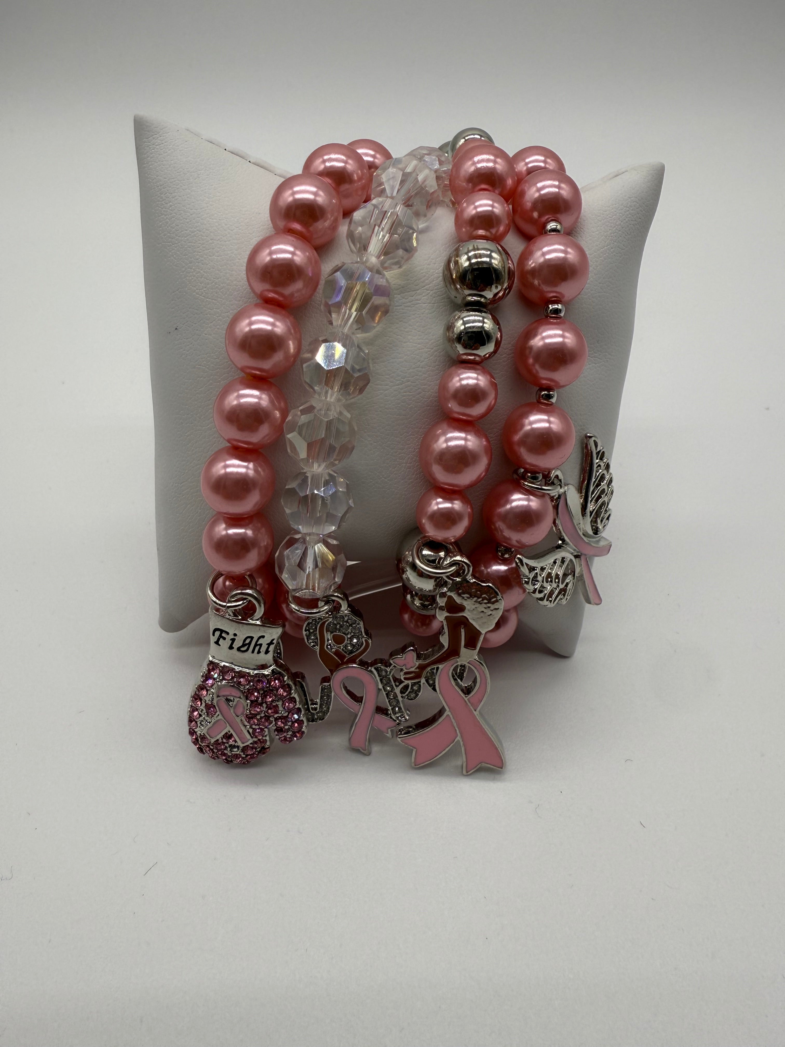 PINK RIBBON PEARLS STRETCH BRACELETS