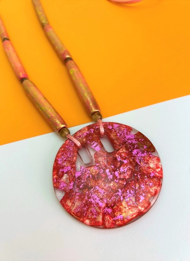 Pink and Gold Long Necklace with Pendant