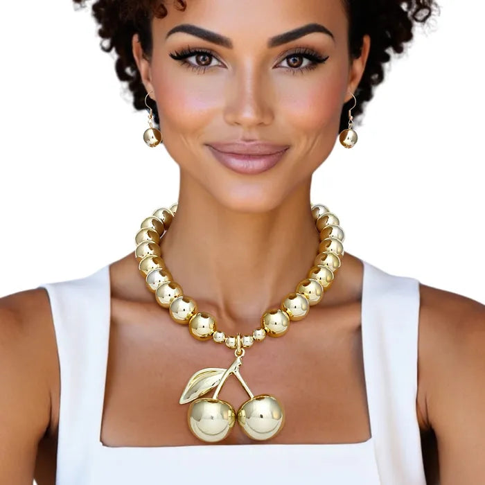 Pendant Glossy Gold Bead Coquette Cherry Necklace