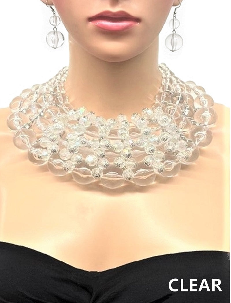 MAVIS CHUNKY SILVER CLEAR PEARL NECKLACE SET N015