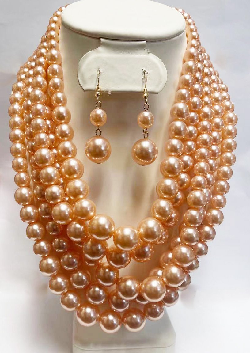 Michelle 5 Stand Peach Pearl Necklace 015