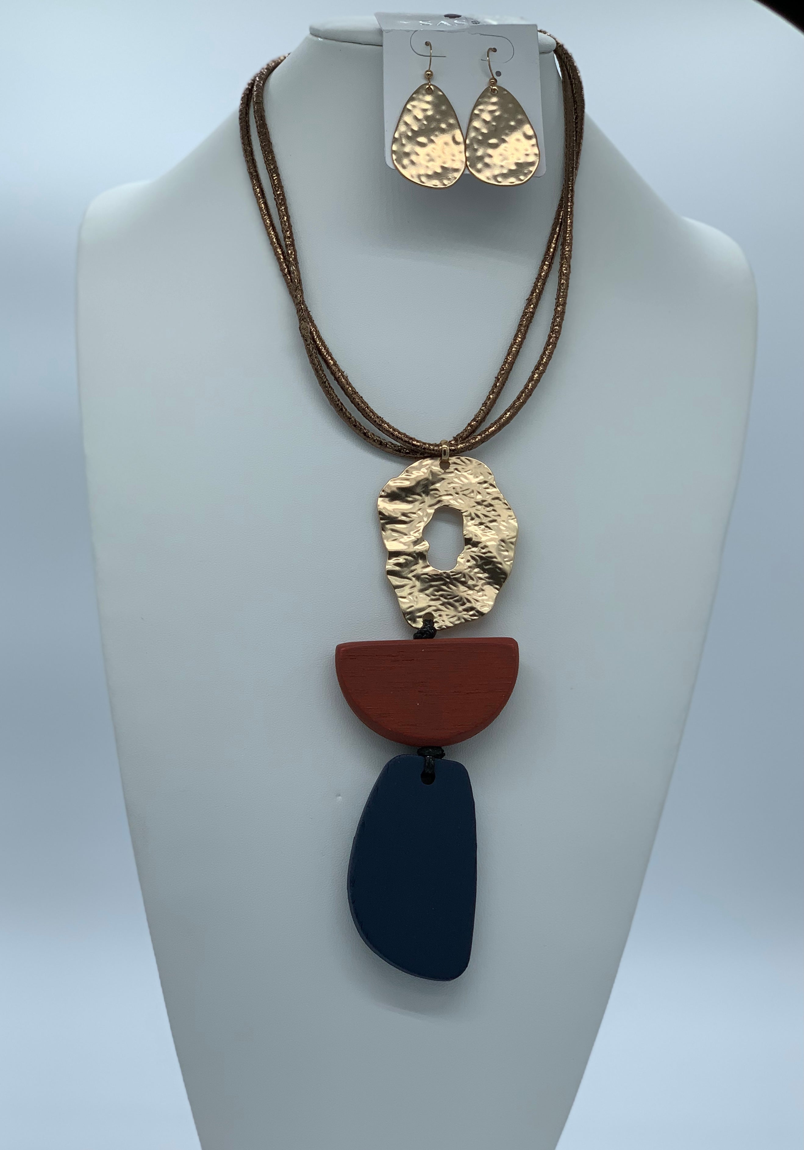 Long Corded Rust Blue and Gold Necklace