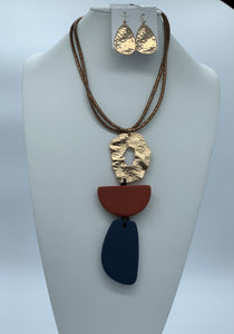 Long Corded Rust Blue and Gold Necklace