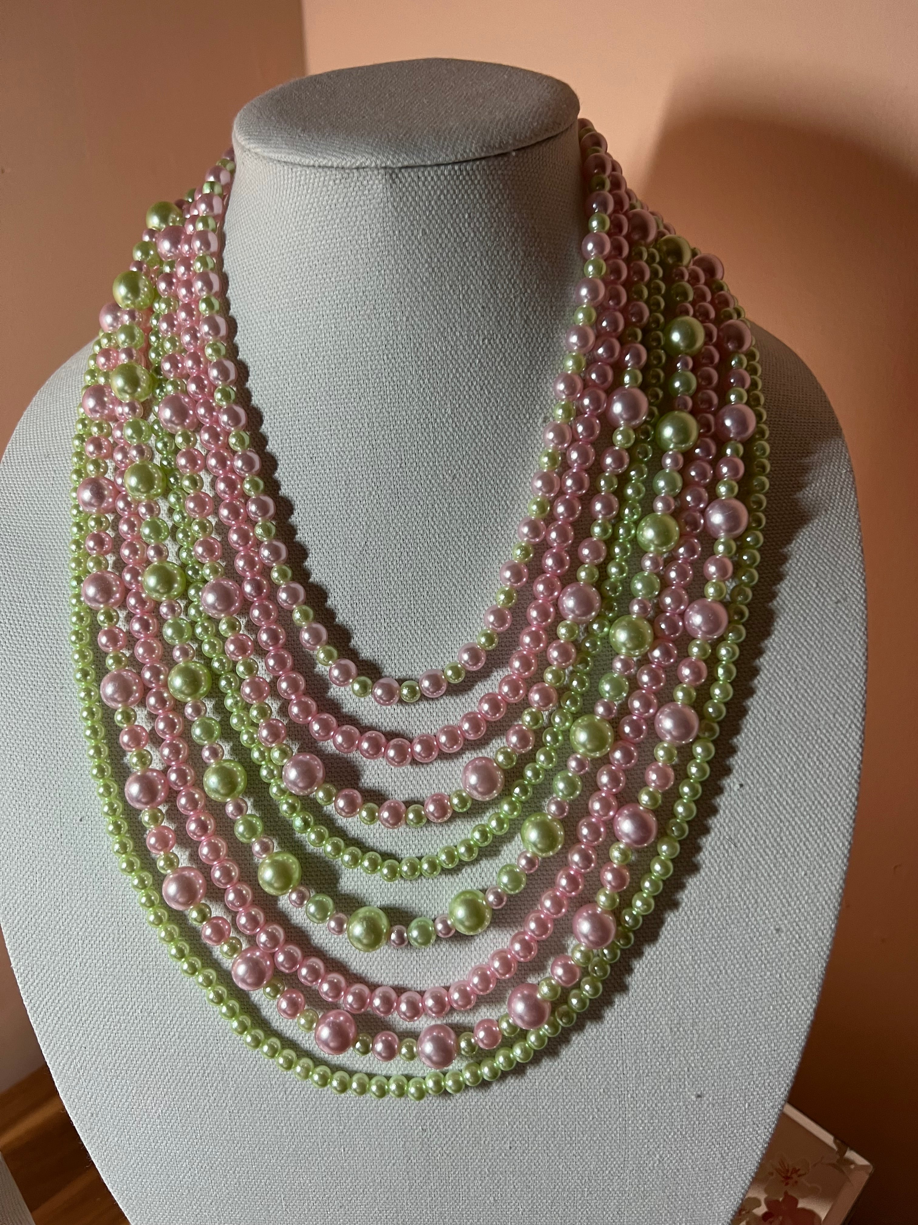 Audrey Pink and Green Pearl Necklace 012