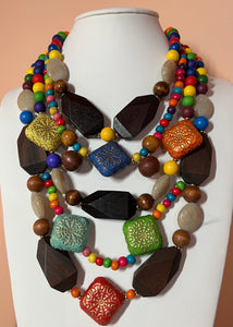 CHUNKY LAYERED MULTI COLORED WOODEN FASHION NECKLACE SET N016