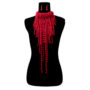 Stacy Red Pearl Fringe Necklace Set  003